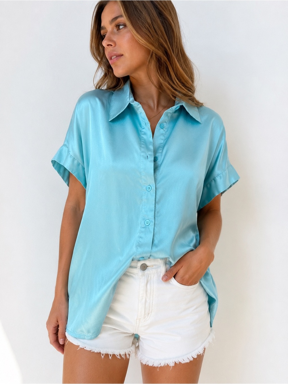 Antonio Melani Silk Blend Aqua Satin Button Front Blouse L Minimalist Coastal